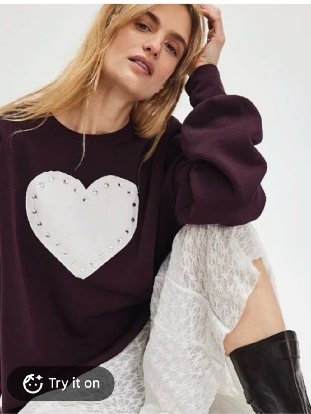Free people patchwork rhinestone heart oversized sweatshirt nwot